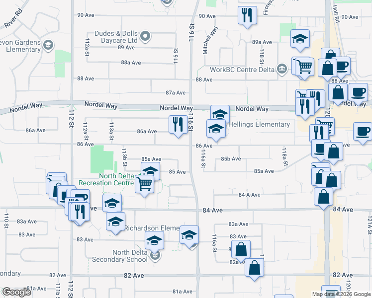 map of restaurants, bars, coffee shops, grocery stores, and more near 8585 116 Street in Delta