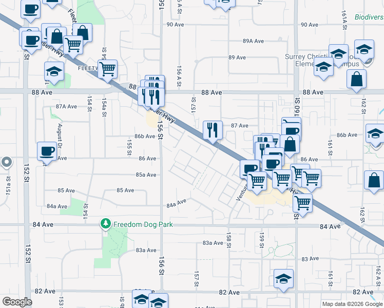 map of restaurants, bars, coffee shops, grocery stores, and more near 15776 Fraser Highway in Surrey
