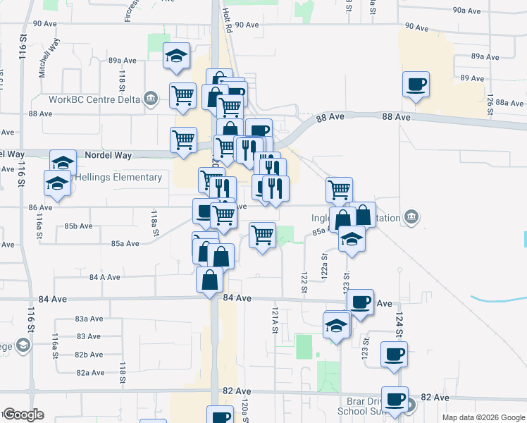 map of restaurants, bars, coffee shops, grocery stores, and more near 12118 86 Avenue in Surrey