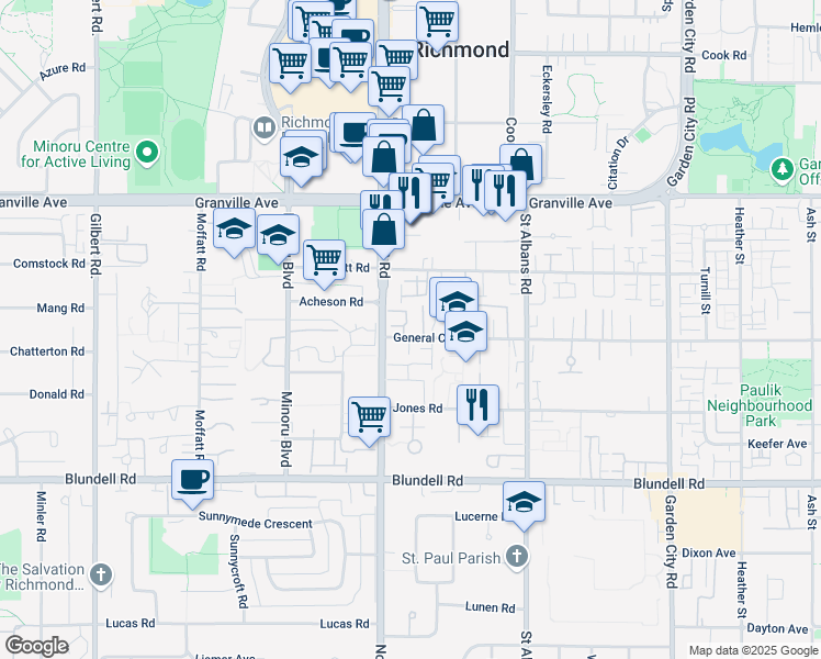 map of restaurants, bars, coffee shops, grocery stores, and more near 8031 General Currie Road in Richmond