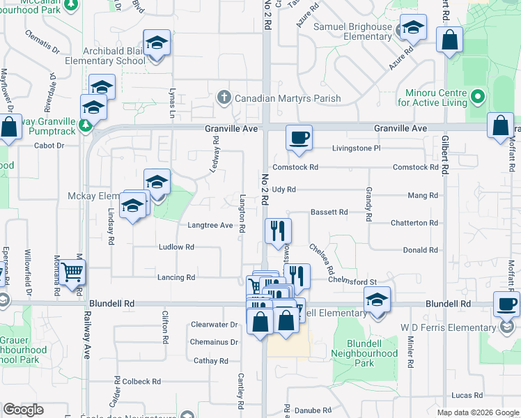 map of restaurants, bars, coffee shops, grocery stores, and more near 7260 Langton Road in Richmond