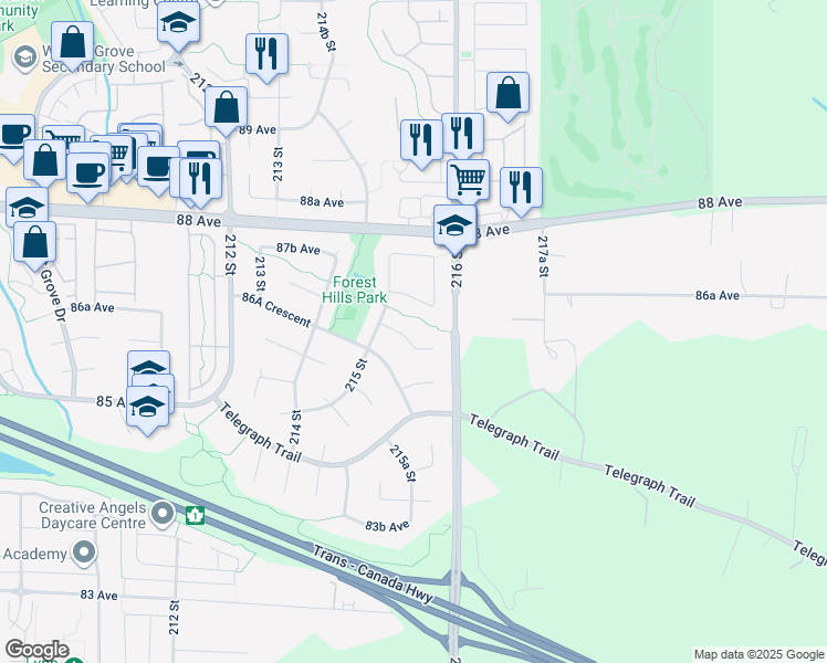 map of restaurants, bars, coffee shops, grocery stores, and more near 21541 87 Avenue in Langley Township