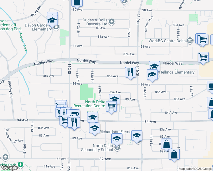map of restaurants, bars, coffee shops, grocery stores, and more near 11400 86 Avenue in Delta