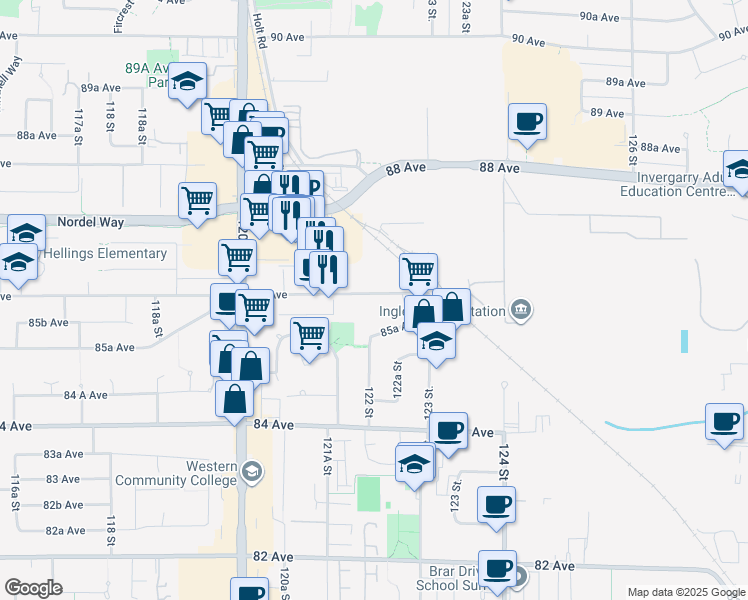 map of restaurants, bars, coffee shops, grocery stores, and more near 12192 86 Avenue in Surrey
