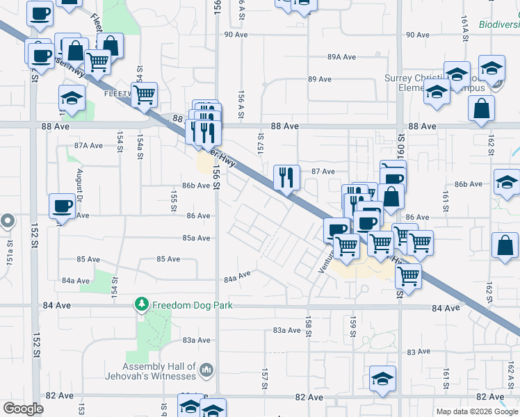 map of restaurants, bars, coffee shops, grocery stores, and more near 15735 85 Avenue in Surrey