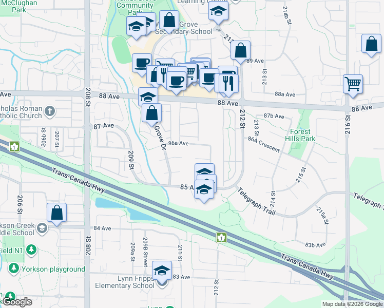 map of restaurants, bars, coffee shops, grocery stores, and more near 21075 86 Avenue in Langley Township