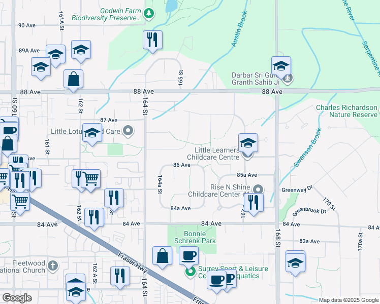 map of restaurants, bars, coffee shops, grocery stores, and more near 8658 165A Street in Surrey