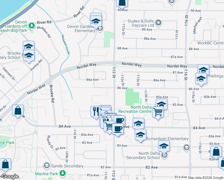 map of restaurants, bars, coffee shops, grocery stores, and more near 8589 112 Street in Delta