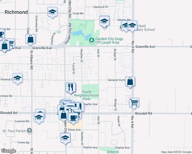 map of restaurants, bars, coffee shops, grocery stores, and more near 7391 Ash Street in Richmond