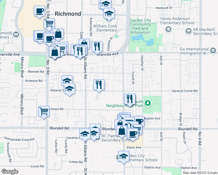 map of restaurants, bars, coffee shops, grocery stores, and more near 8651 General Currie Road in Richmond