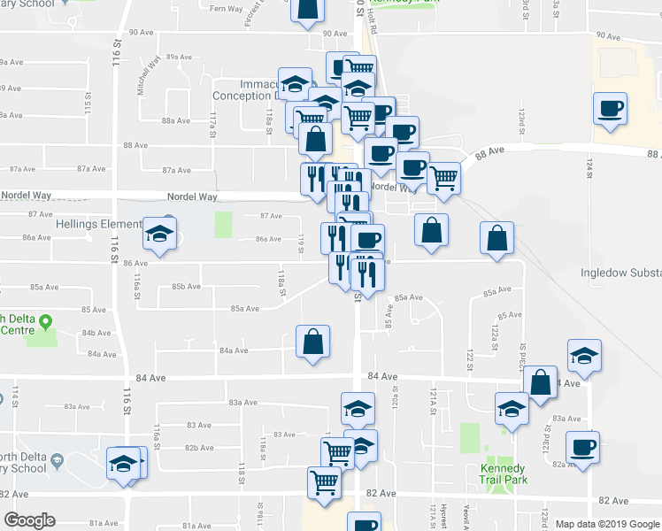 map of restaurants, bars, coffee shops, grocery stores, and more near 11972 85A Ave in Greater Vancouver Regional District