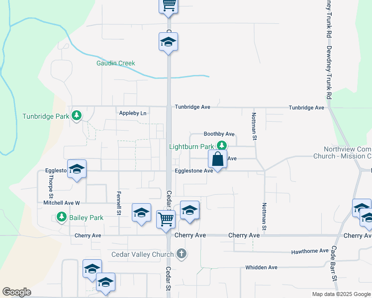 map of restaurants, bars, coffee shops, grocery stores, and more near 8669 Henderson Street in Mission