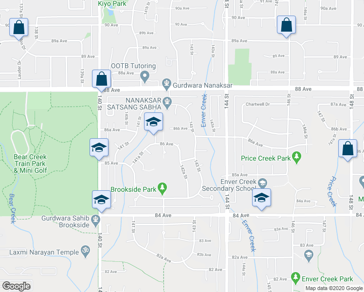 map of restaurants, bars, coffee shops, grocery stores, and more near 8592 142A Street in Surrey