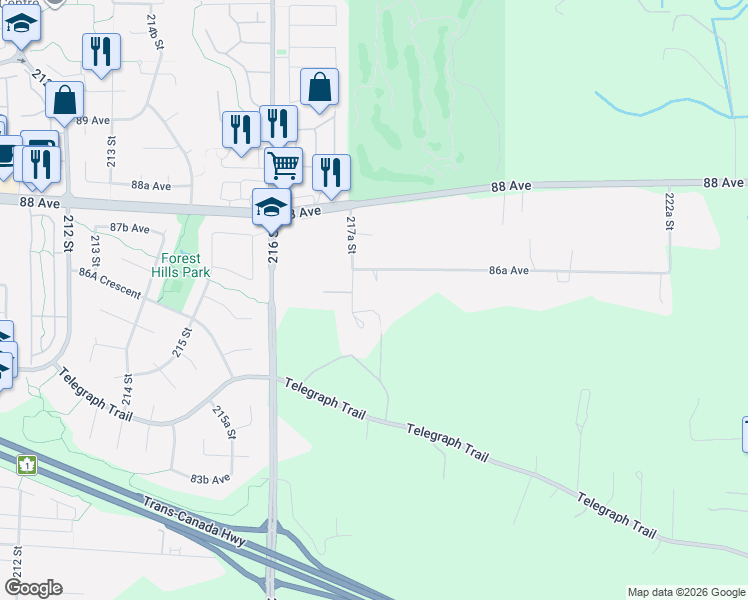 map of restaurants, bars, coffee shops, grocery stores, and more near 8618 217A Street in Langley Township