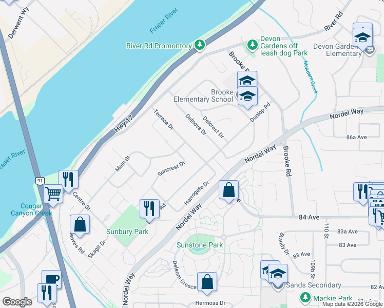 map of restaurants, bars, coffee shops, grocery stores, and more near 8541 Terrace Drive in Delta