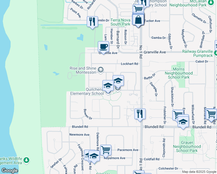 map of restaurants, bars, coffee shops, grocery stores, and more near 7660 Decourcy Crescent in Richmond
