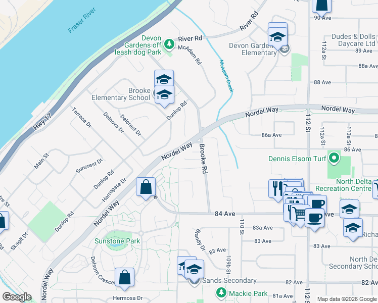 map of restaurants, bars, coffee shops, grocery stores, and more near 8575 Brooke Road in Delta