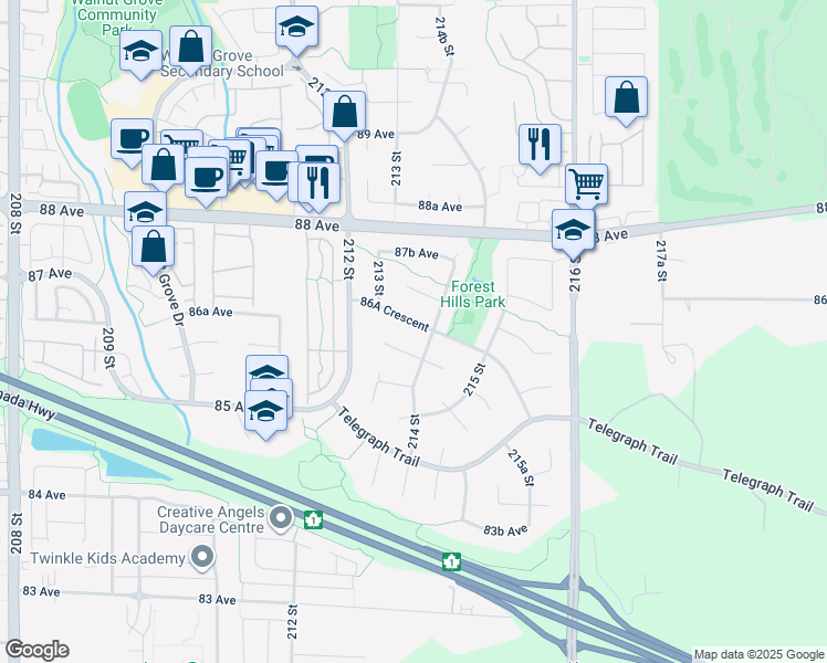 map of restaurants, bars, coffee shops, grocery stores, and more near 21376 86A Crescent in Langley Township