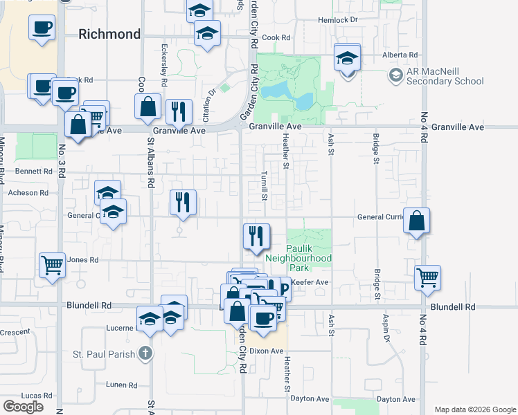 map of restaurants, bars, coffee shops, grocery stores, and more near 7393 Turnill Street in Richmond