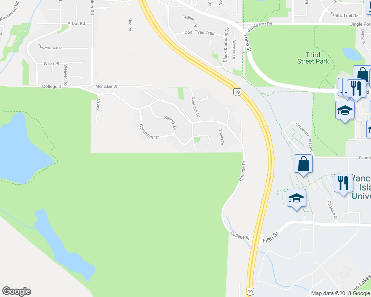 map of restaurants, bars, coffee shops, grocery stores, and more near 1125 Selkirk Drive in Nanaimo