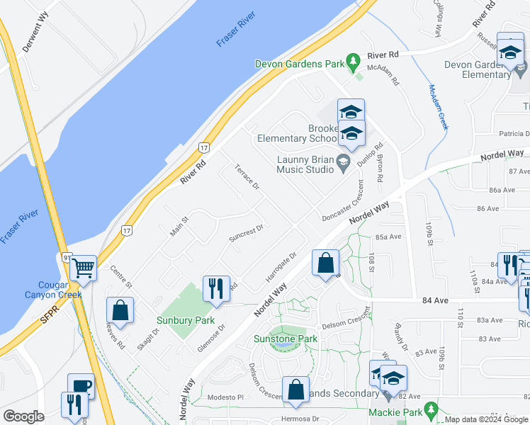 map of restaurants, bars, coffee shops, grocery stores, and more near 10564 Suncrest Drive in Delta