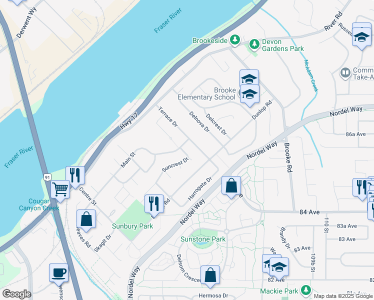 map of restaurants, bars, coffee shops, grocery stores, and more near 10564 Suncrest Drive in Delta