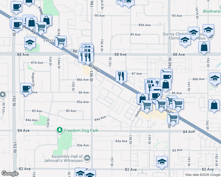 map of restaurants, bars, coffee shops, grocery stores, and more near 15733 85 Avenue in Surrey