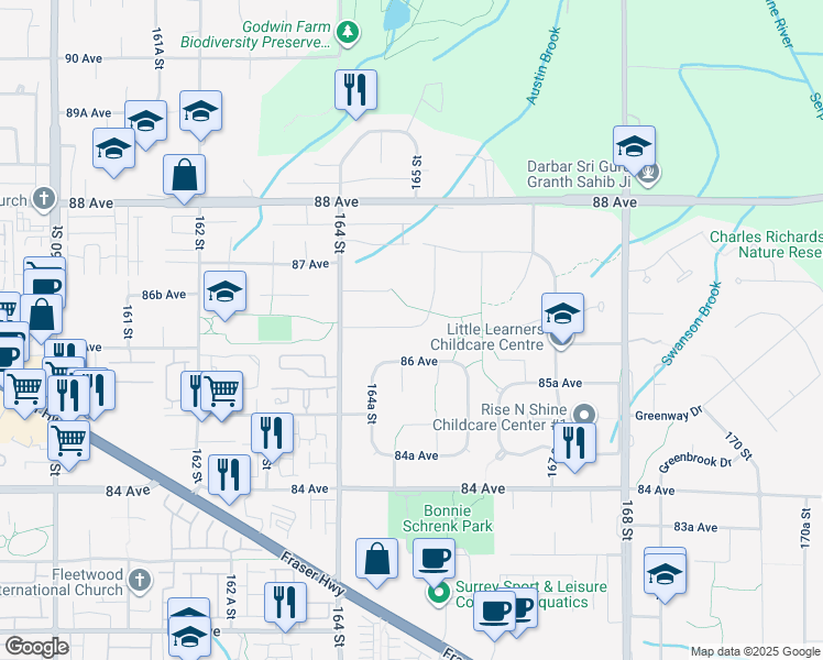 map of restaurants, bars, coffee shops, grocery stores, and more near 16518 86A Avenue in Surrey