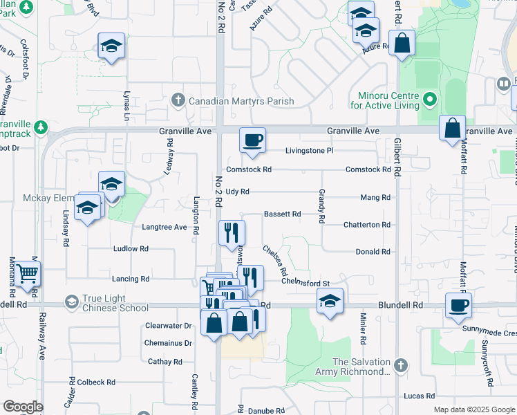 map of restaurants, bars, coffee shops, grocery stores, and more near 6211 Bassett Road in Richmond