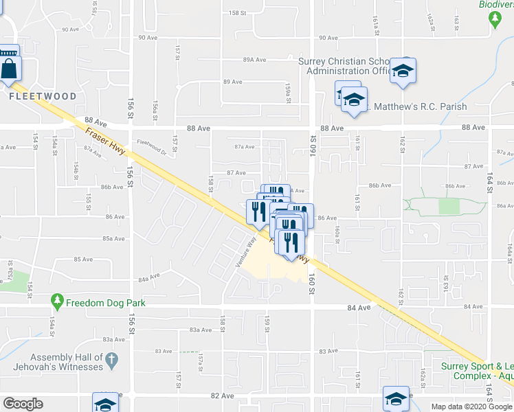 map of restaurants, bars, coffee shops, grocery stores, and more near in Surrey