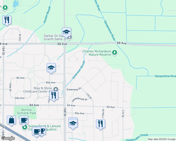 map of restaurants, bars, coffee shops, grocery stores, and more near 8623 171 Street in Surrey