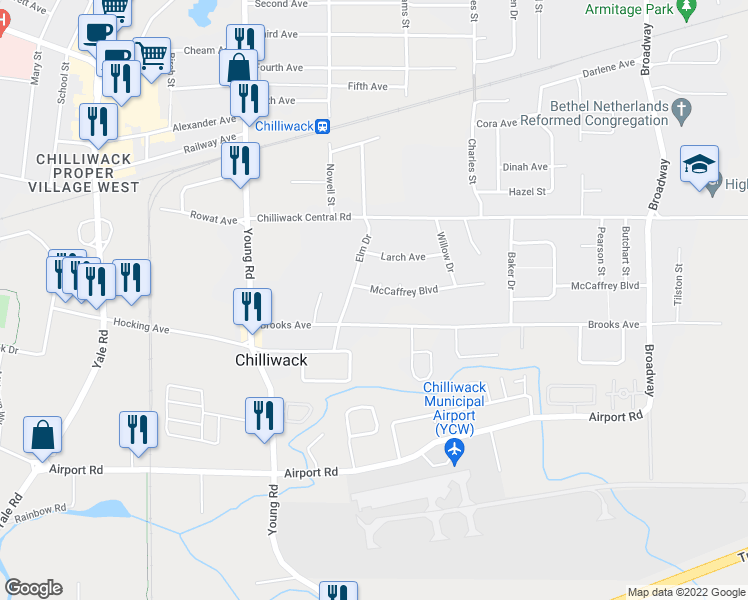 map of restaurants, bars, coffee shops, grocery stores, and more near 46154 McCaffrey Boulevard in Chilliwack