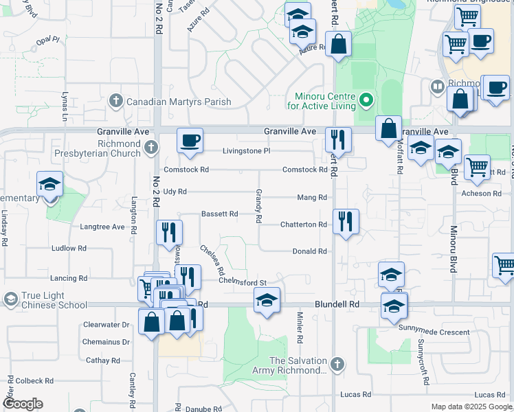 map of restaurants, bars, coffee shops, grocery stores, and more near 7351 Grandy Road in Richmond