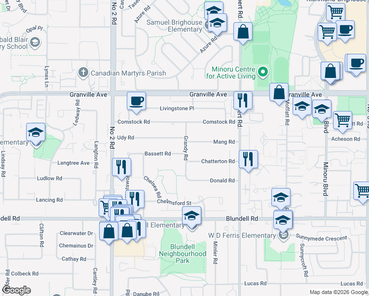 map of restaurants, bars, coffee shops, grocery stores, and more near 7371 Grandy Road in Richmond