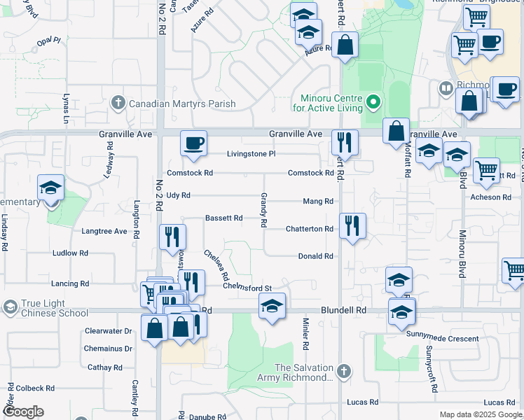 map of restaurants, bars, coffee shops, grocery stores, and more near 7351 Grandy Road in Richmond