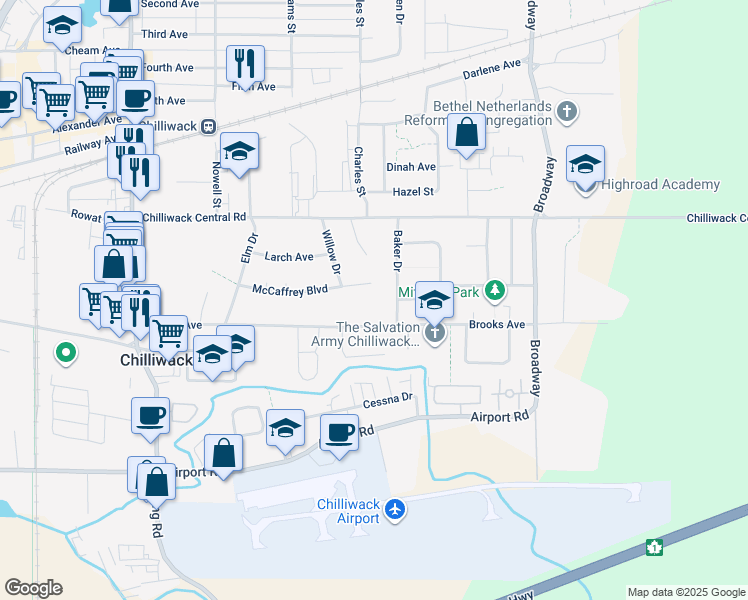 map of restaurants, bars, coffee shops, grocery stores, and more near 46332 McCaffrey Boulevard in Chilliwack