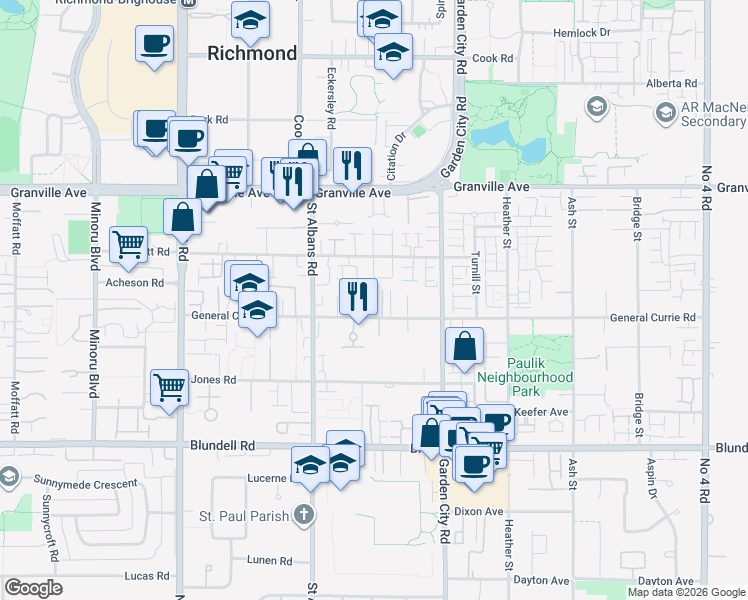 map of restaurants, bars, coffee shops, grocery stores, and more near 8500 General Currie Road in Richmond