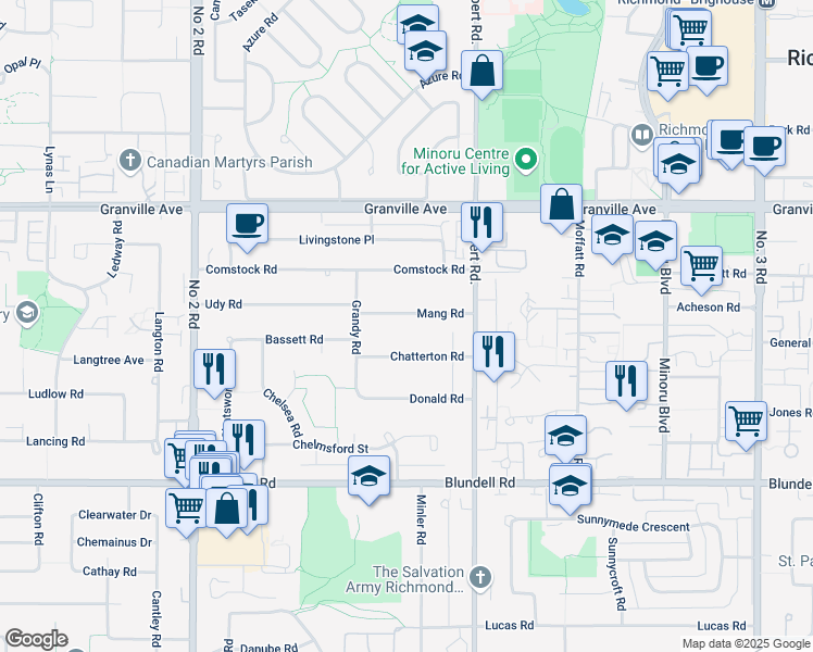 map of restaurants, bars, coffee shops, grocery stores, and more near 6620 Mang Road in Richmond
