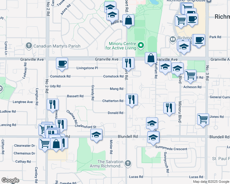 map of restaurants, bars, coffee shops, grocery stores, and more near 7160 Gilbert Road in Richmond