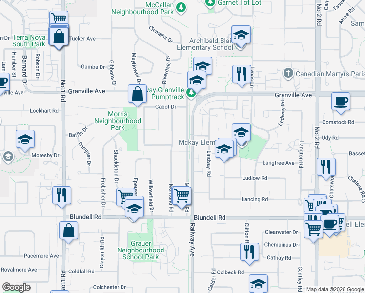 map of restaurants, bars, coffee shops, grocery stores, and more near 7351 Mccallan Road in Richmond