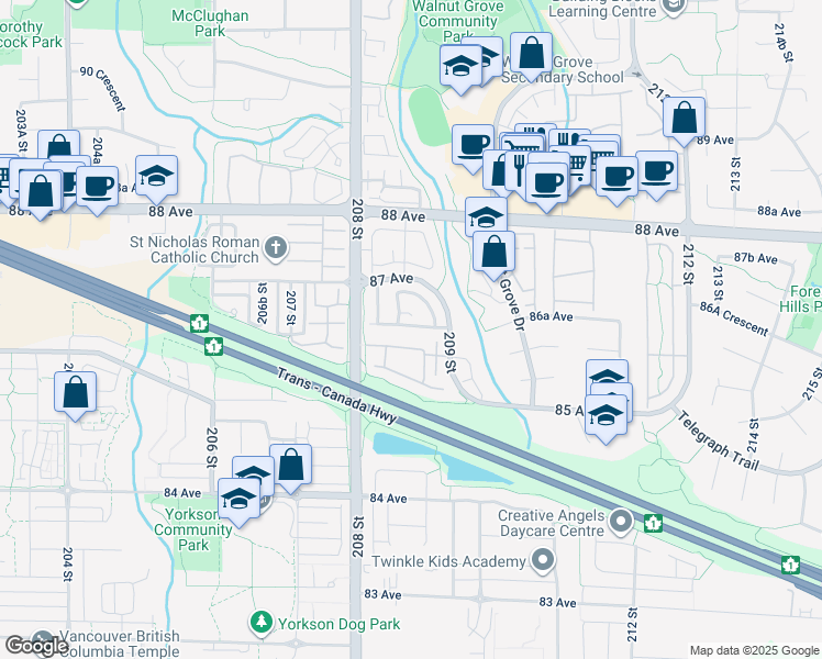 map of restaurants, bars, coffee shops, grocery stores, and more near 132 209 Street in Langley City
