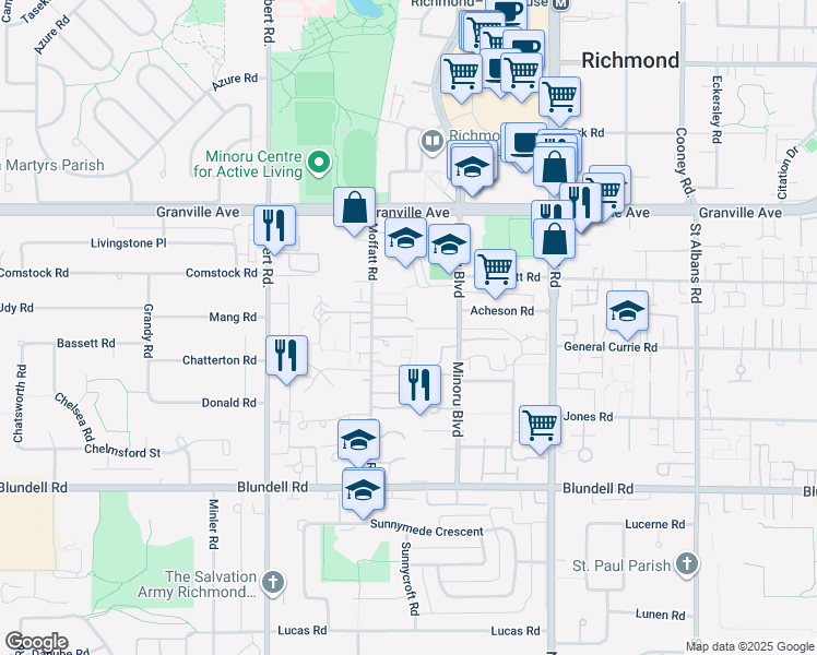 map of restaurants, bars, coffee shops, grocery stores, and more near 7340 Moffatt Road in Richmond