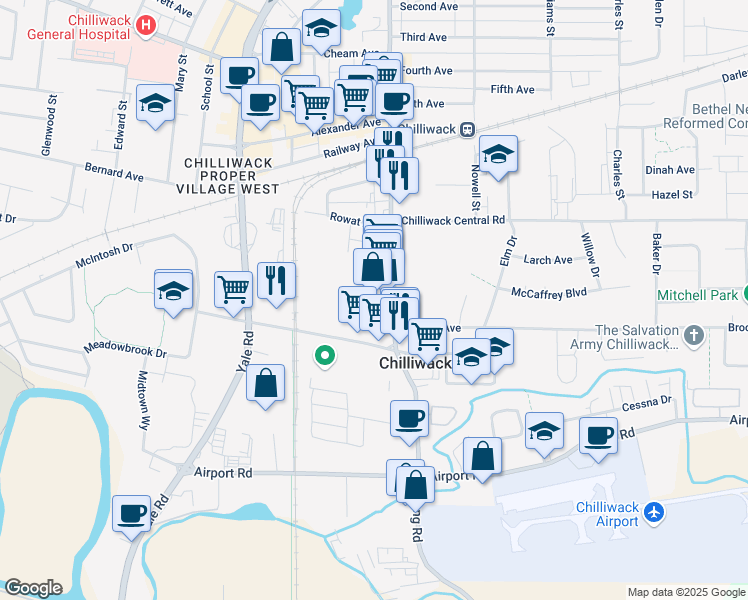 map of restaurants, bars, coffee shops, grocery stores, and more near 8635 Young Road in Chilliwack