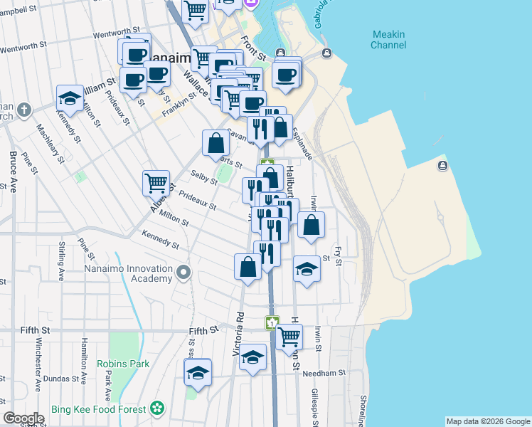 map of restaurants, bars, coffee shops, grocery stores, and more near 110 Nicol Street in Nanaimo