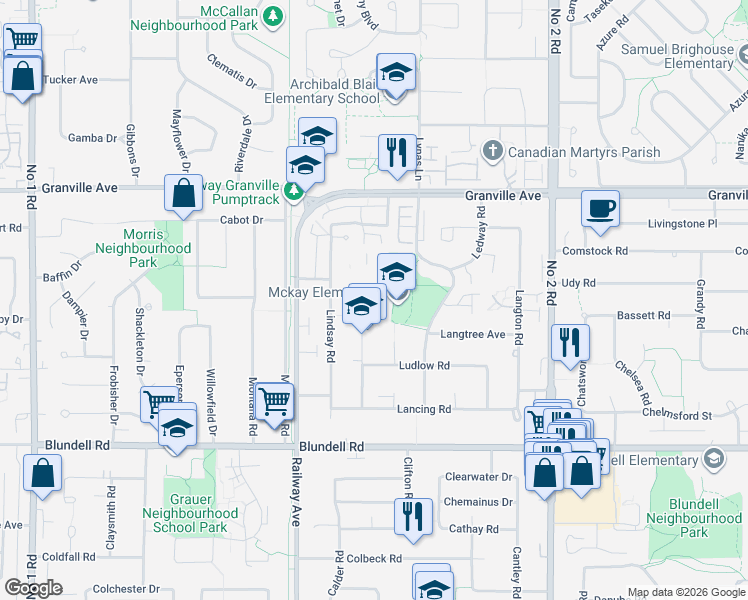 map of restaurants, bars, coffee shops, grocery stores, and more near 7280 Lombard Road in Richmond