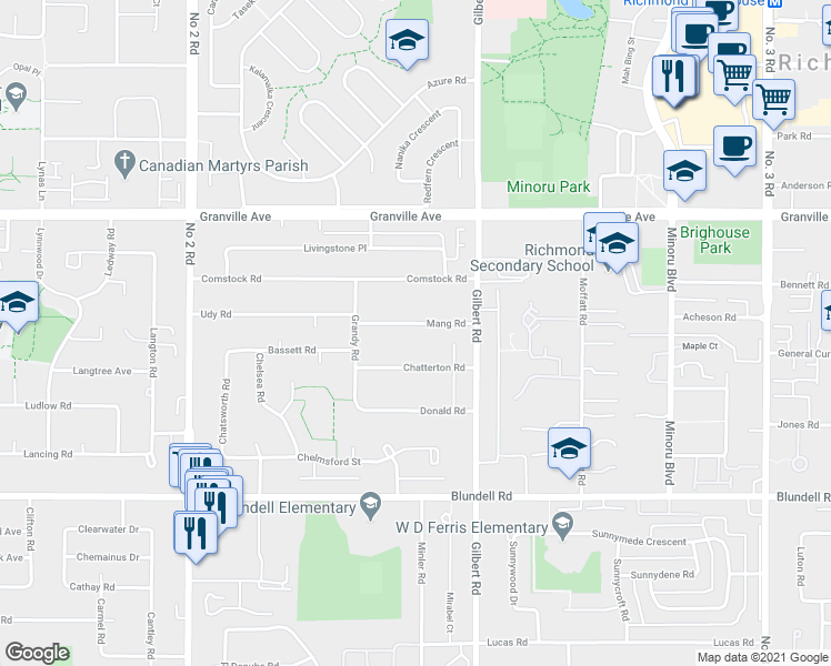 map of restaurants, bars, coffee shops, grocery stores, and more near 6640 Mang Road in Richmond