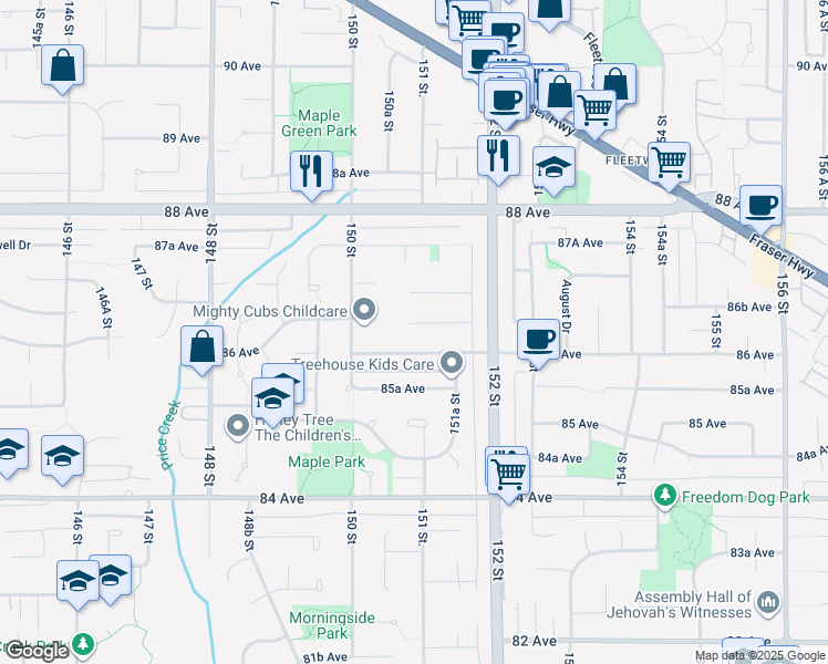 map of restaurants, bars, coffee shops, grocery stores, and more near 15084 86A Avenue in Surrey