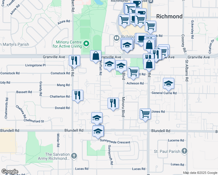 map of restaurants, bars, coffee shops, grocery stores, and more near 7340 Moffatt Road in Richmond