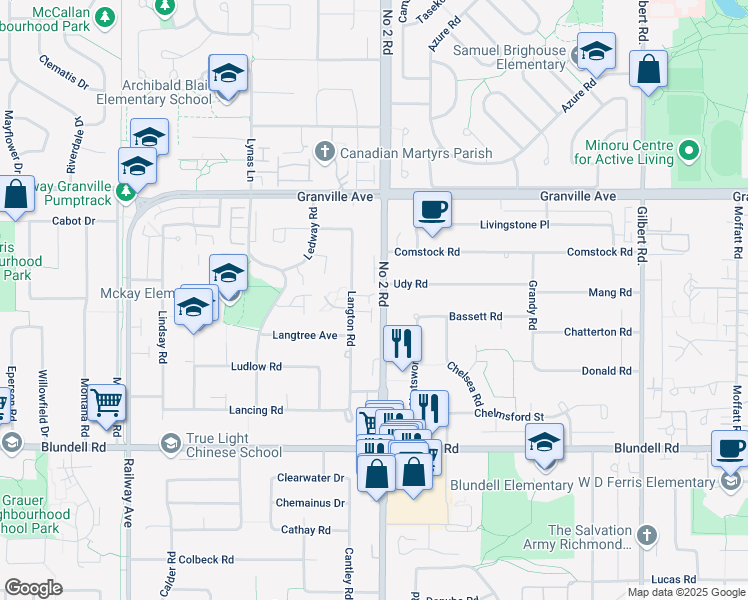 map of restaurants, bars, coffee shops, grocery stores, and more near 7240 Langton Road in Richmond