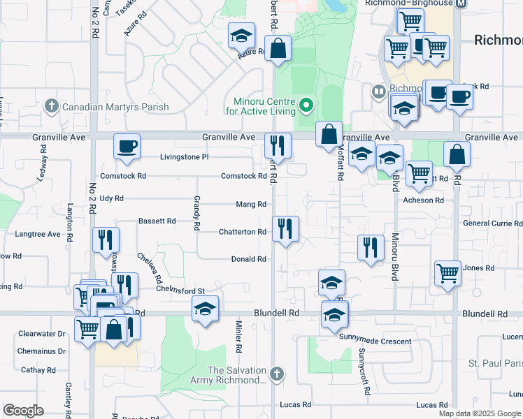 map of restaurants, bars, coffee shops, grocery stores, and more near 7291 Gilbert Road in Richmond
